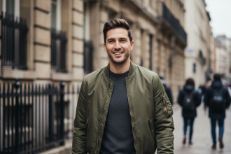 Homme élégant en bomber dans une rue urbaine