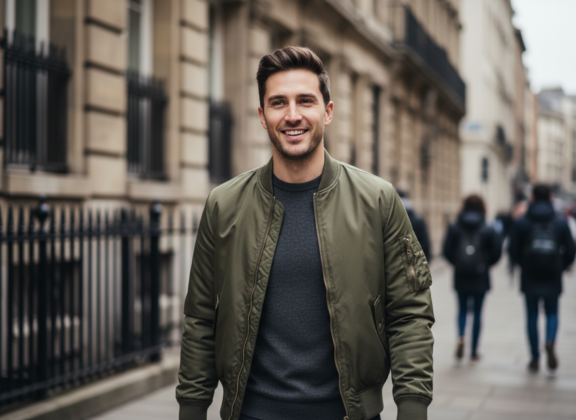 Homme élégant en bomber dans une rue urbaine