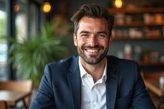 Homme élégant souriant dans un café moderne en ville