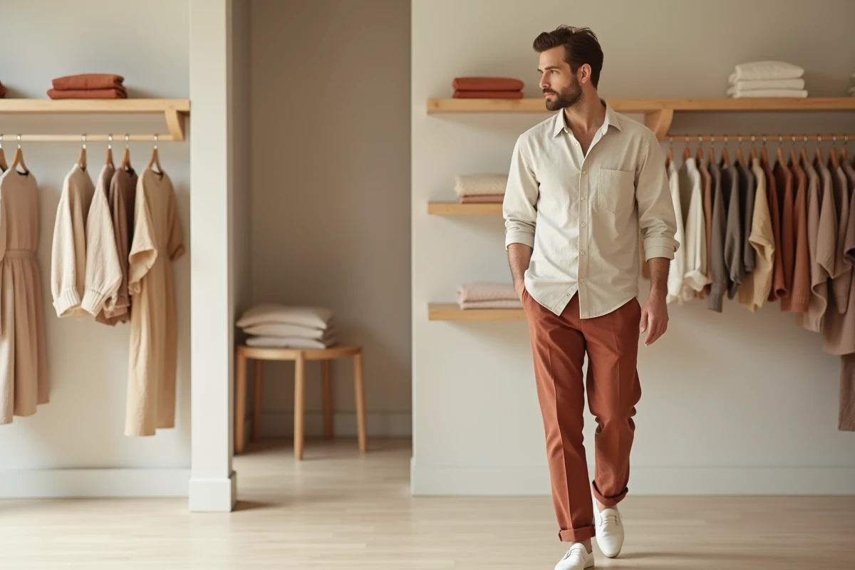 Homme en tenue minimaliste lin écru et pantalon terracotta dans une boutique de mode épurée au style scandinave, tendance 2026