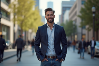 Homme élégant en ville avec blazer bleu et barbe