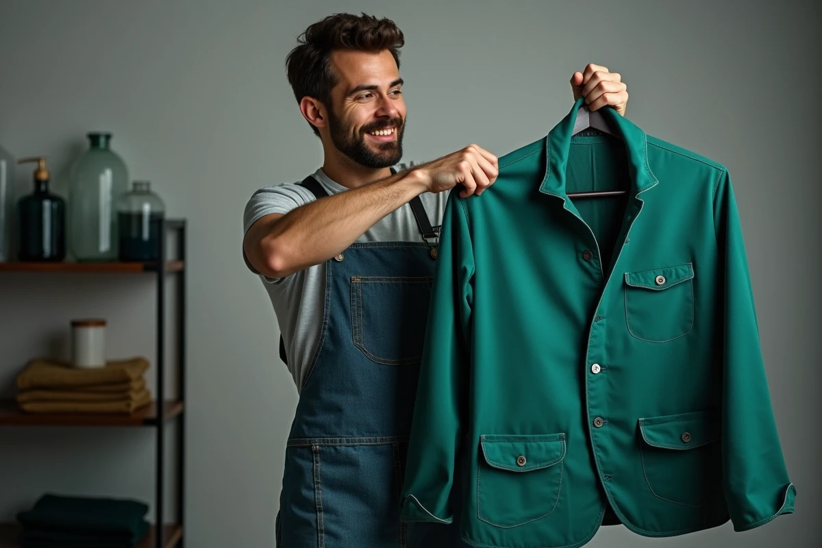 Homme tenant une veste en polyester teinte en vert forêt dans un atelier de teinture textile professionnel