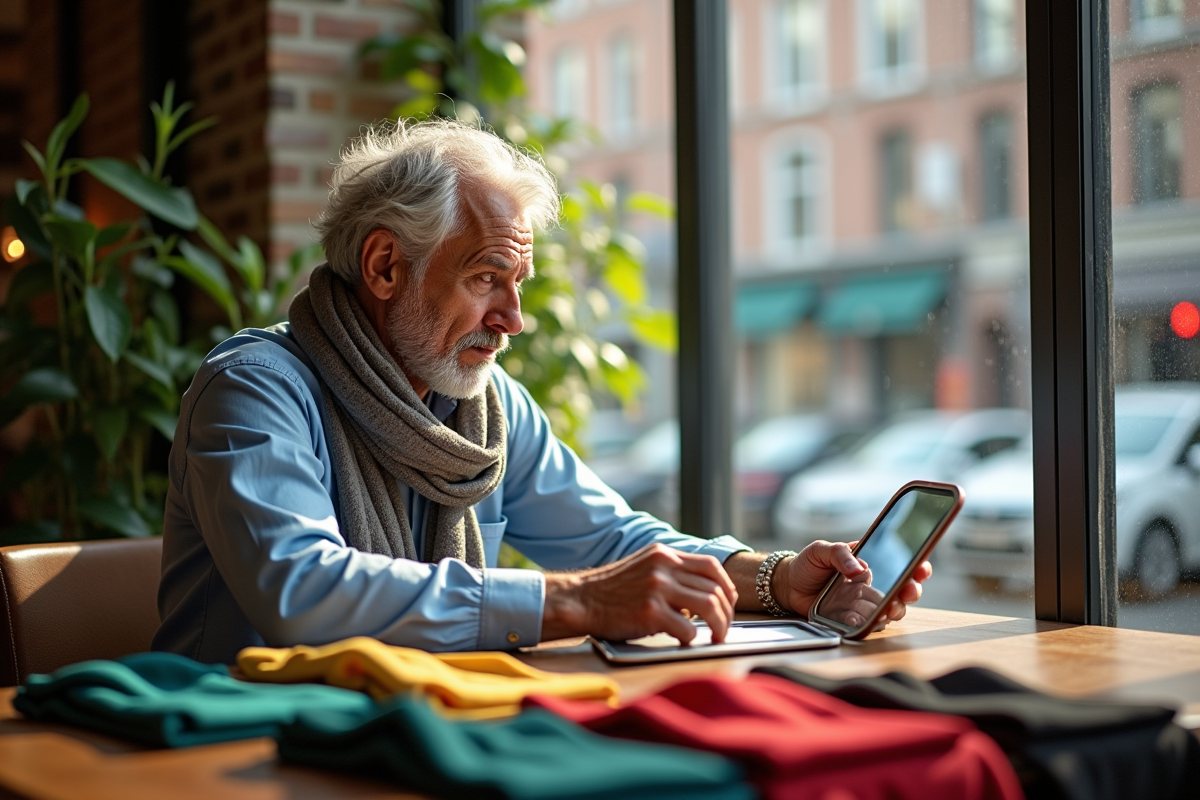 Homme examinant des textiles colorés dans un café lumineux