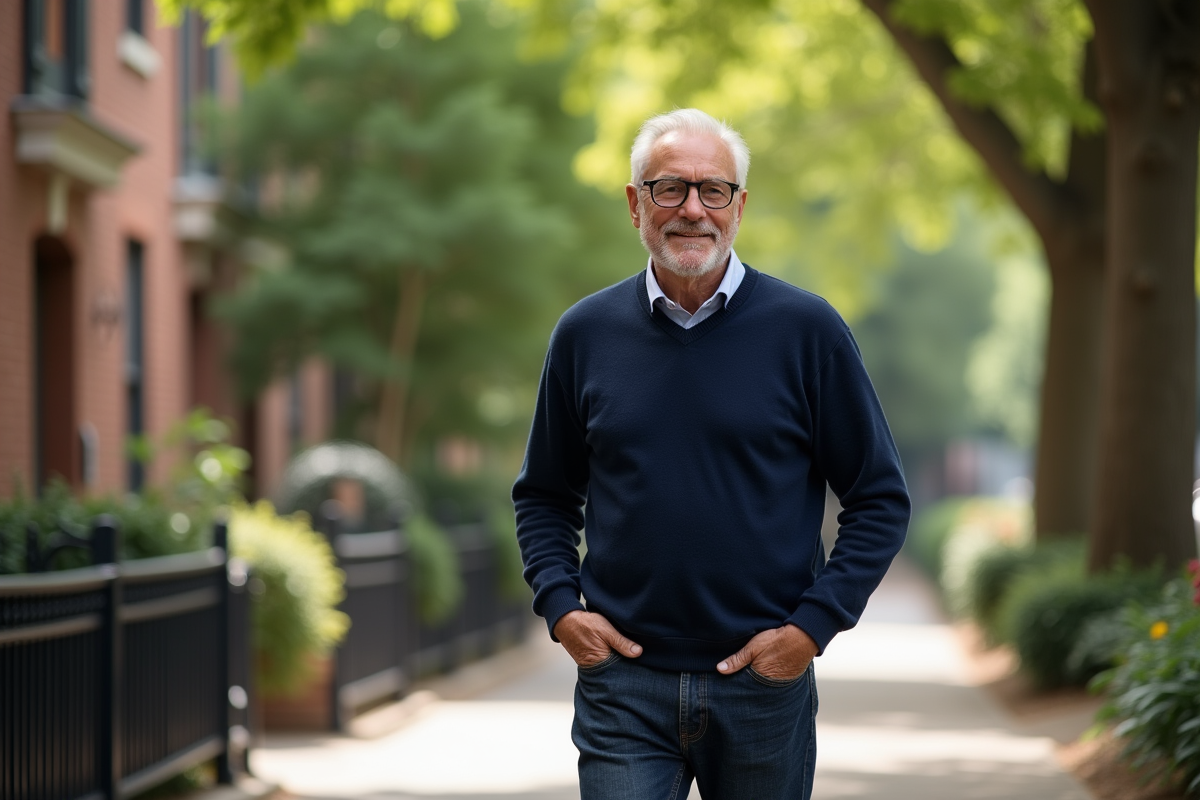 Homme de 70 ans marche dans un parc urbain