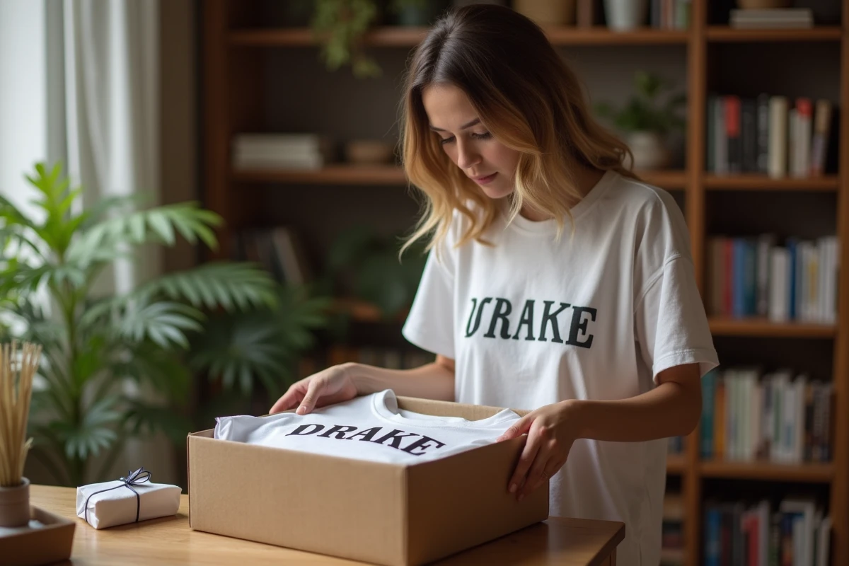 Femme découvrant un t-shirt Drake dans un coffret cadeau élégant sur une table en bois