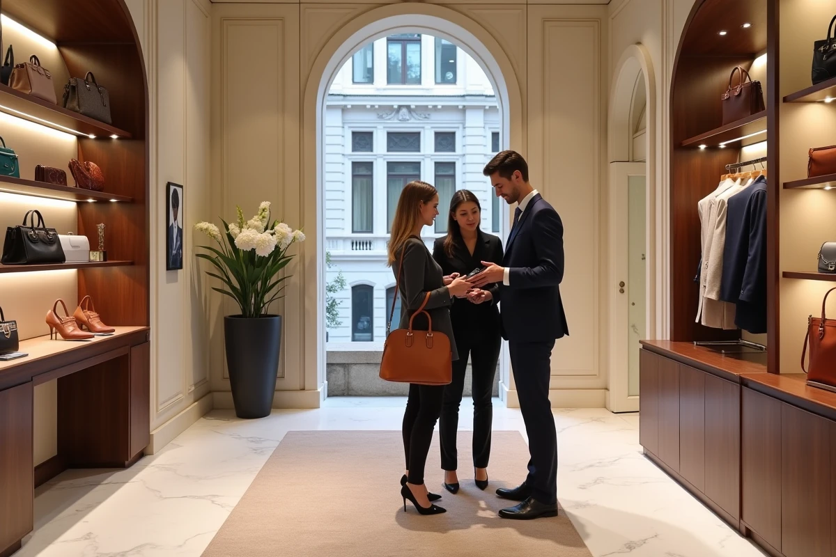 Intérieur raffiné d'une boutique de mode de luxe Avenue Montaigne avec un vendeur en costume marine assistant une cliente devant des accessoires en cuir