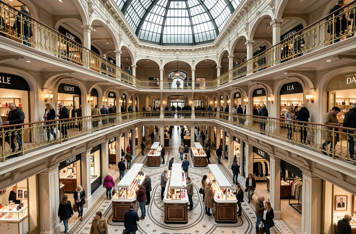 Intérieur majestueux d'un grand magasin parisien avec atrium en fer forgé, dôme en verre et clients en train de shopper