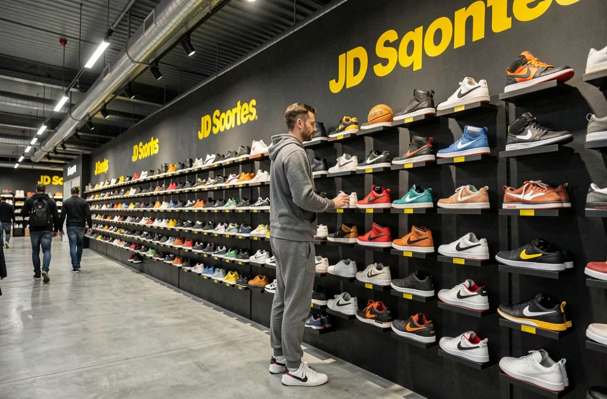 Intérieur du magasin JD Sports de Lyon Part-Dieu avec un jeune homme explorant un mur de sneakers premium sous l'enseigne jaune emblématique