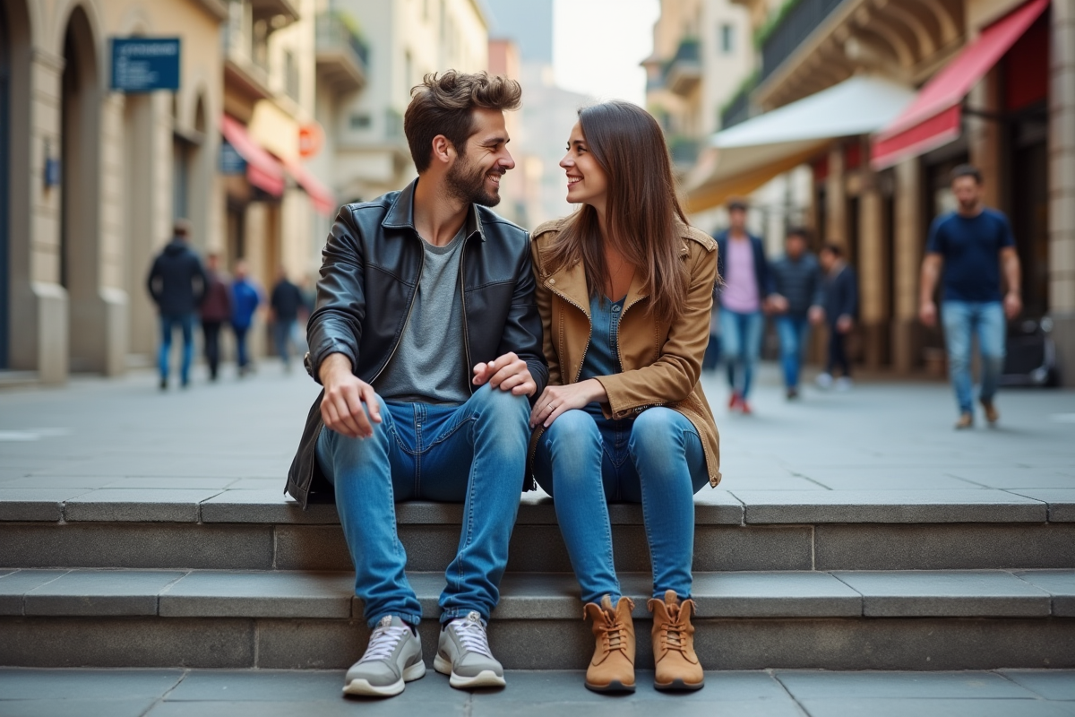 Jeune homme et femme en jeans dans une place urbaine animée