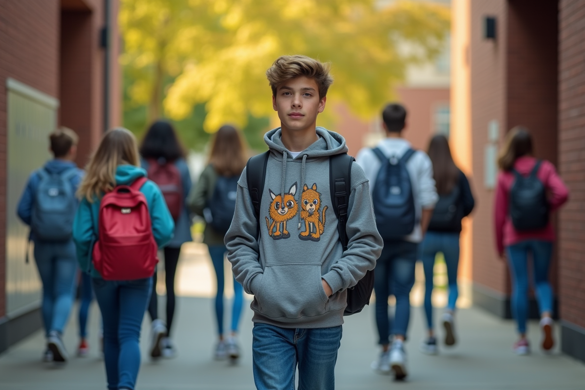 Adolescent avec amis devant l
