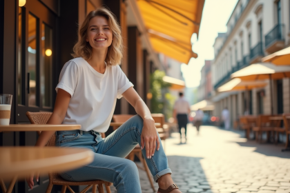 Jeune femme assise en extérieur au café avec sandales Scholl