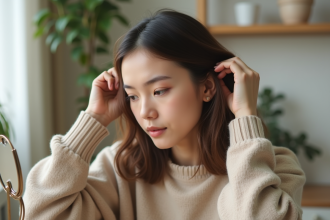 Jeune femme regardant dans un miroir avec ses cheveux naturels