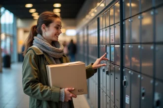 Jeune femme avec colis utilisant un casier moderne