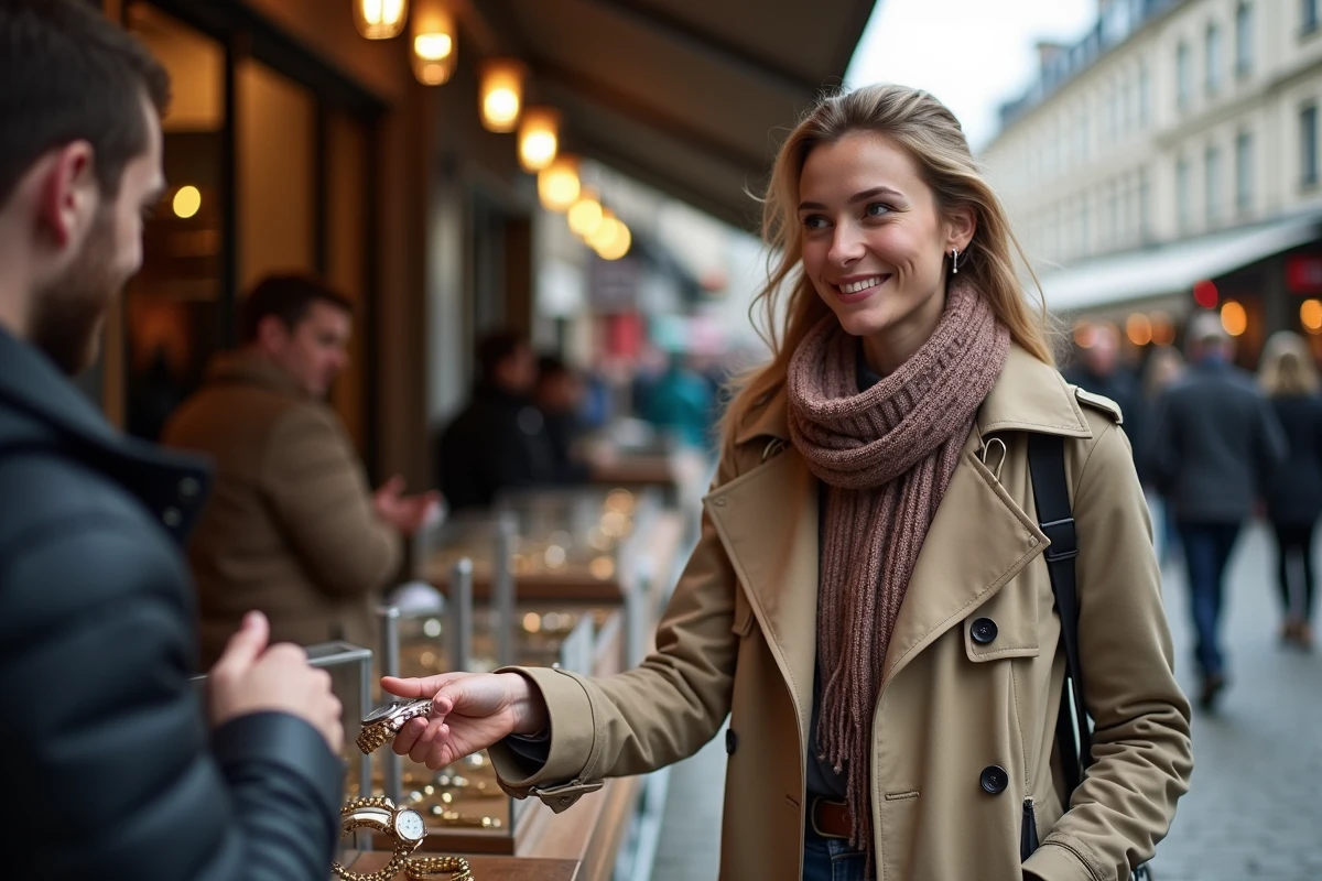 Jeune femme souriante choisissant une montre au marché aux puces urbain
