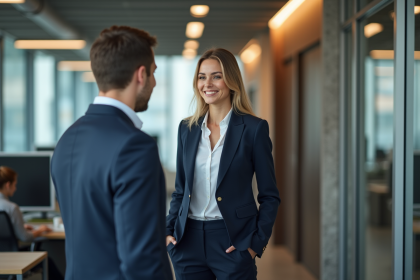 Jeune femme en costume dans un bureau professionnel