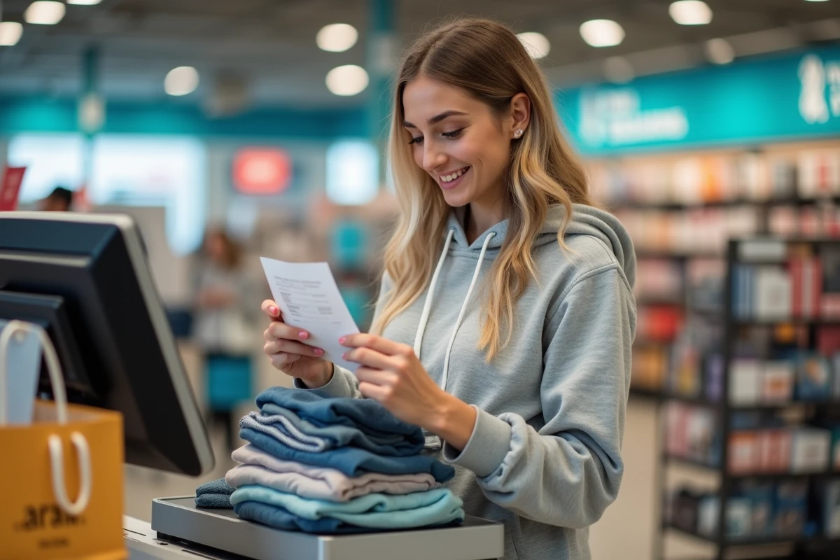 Jeune femme vérifiant son reçu après des achats lors d'un déstockage en magasin discount