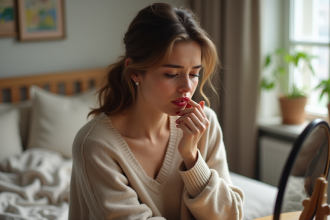 Jeune femme en réflexion en se démaquillant les lèvres rouges