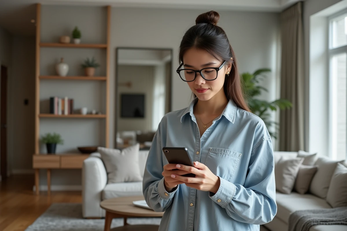 Jeune femme portant des lunettes connectees dans un salon moderne