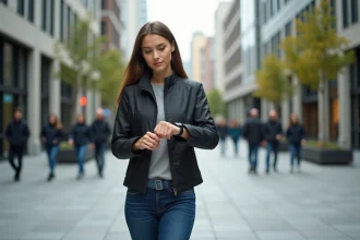 Jeune femme en smart jacket dans une ville moderne