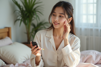 Jeune femme appliquant un serum visage dans une chambre cosy