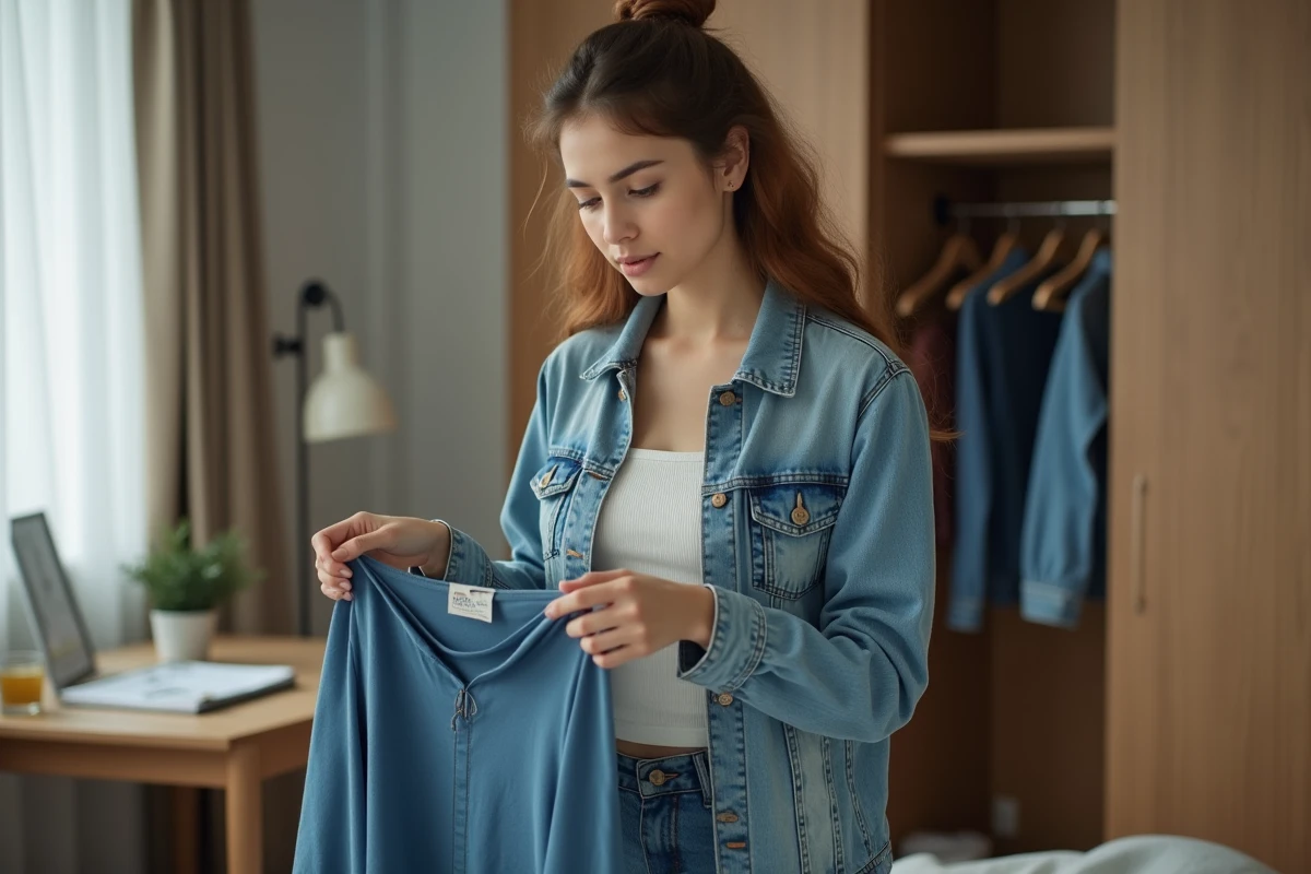 Jeune femme examine un t-shirt dans sa chambre lumineuse