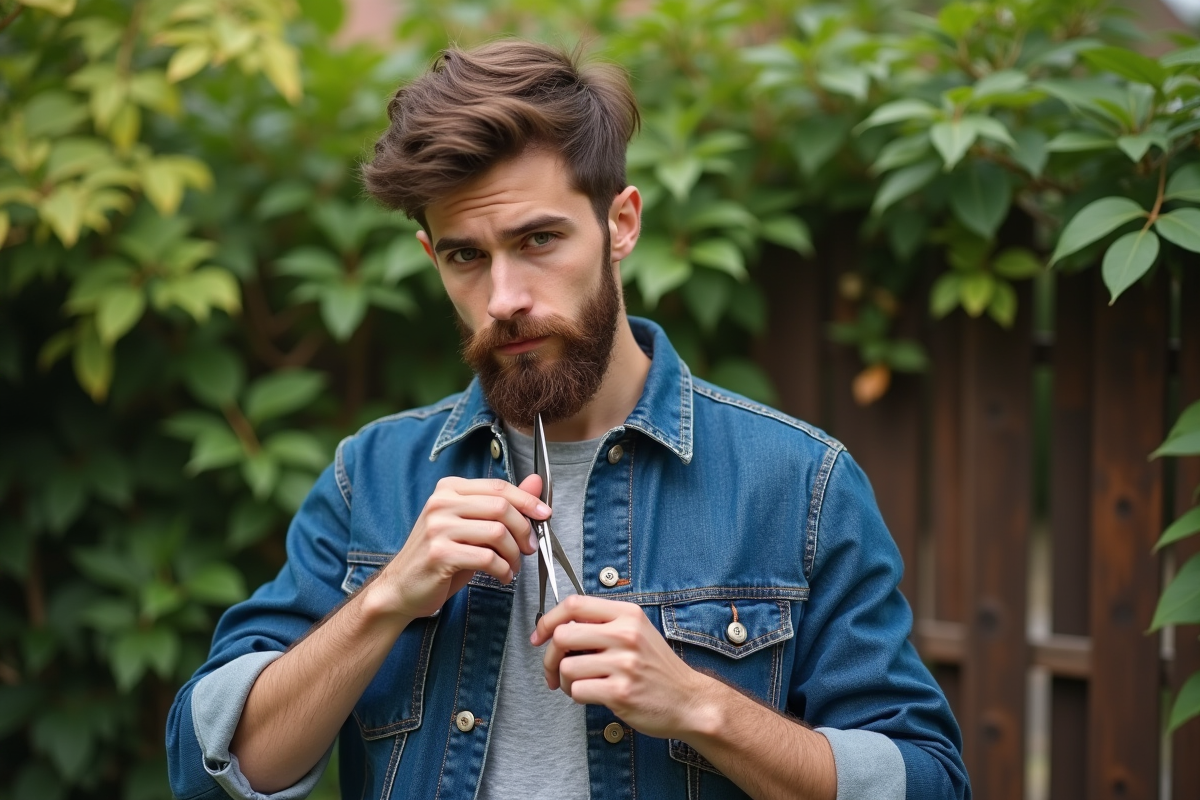 Jeune homme taillant sa barbe dans le jardin