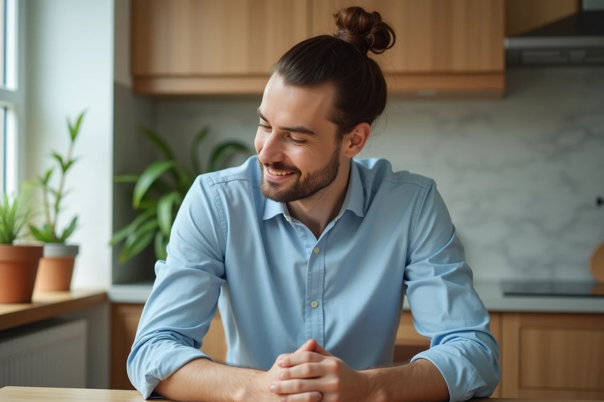 Jeune homme appliquant une huile sur son bun dans la cuisine