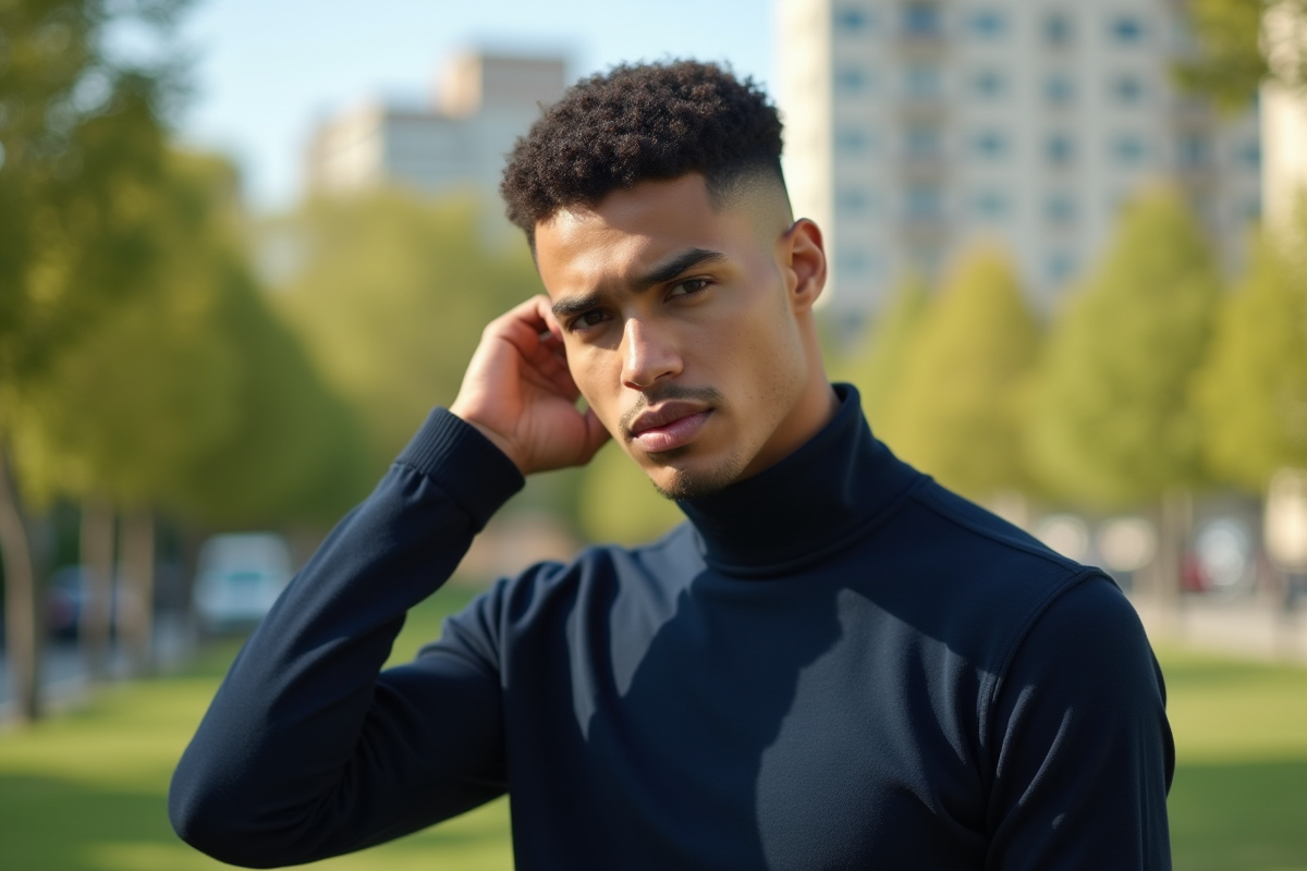 Jeune homme coiffé dans un parc urbain ensoleille
