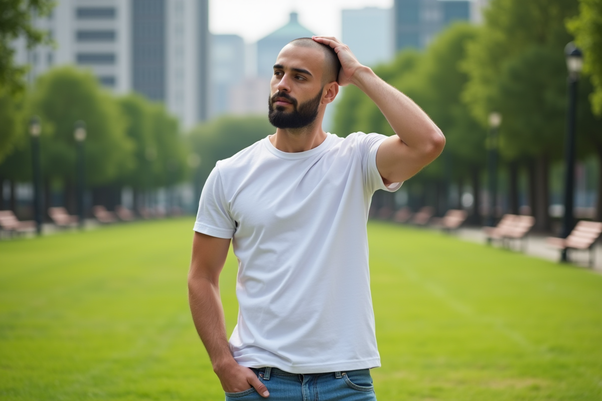 Jeune homme au parc urbain contemplatif et décontracté