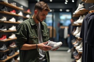 Jeune homme examine les détails de sneakers dans un magasin