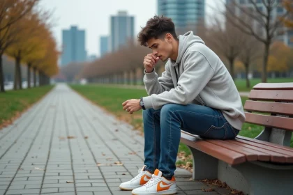 Jeune homme assis dans un parc urbain examinant des sneakers colorés