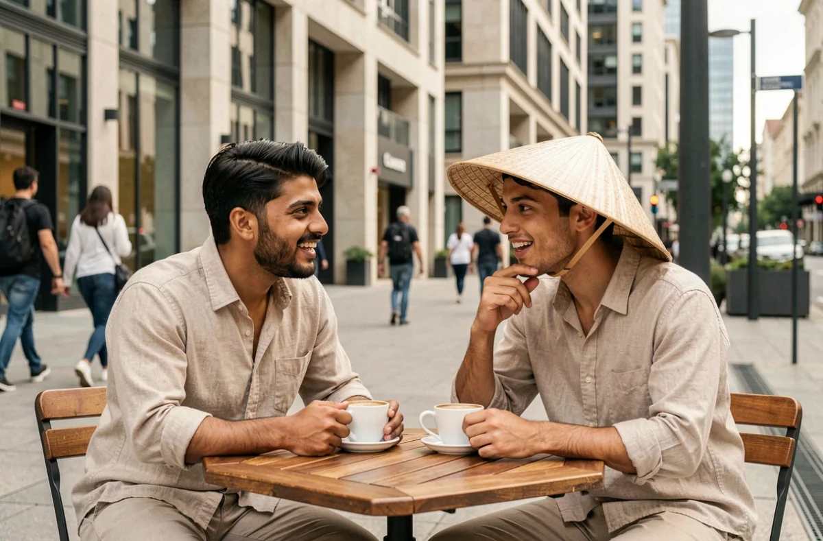 Deux jeunes adultes discutant au café en portant un chapeau asiatique traditionnel, reflet du débat sociétal sur l'appropriation culturelle et la mode en 2026