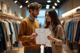 Jeune couple souriant en boutique de vêtements avec taille L
