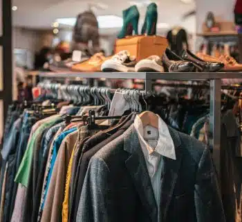 a rack of clothes and shoes in a store