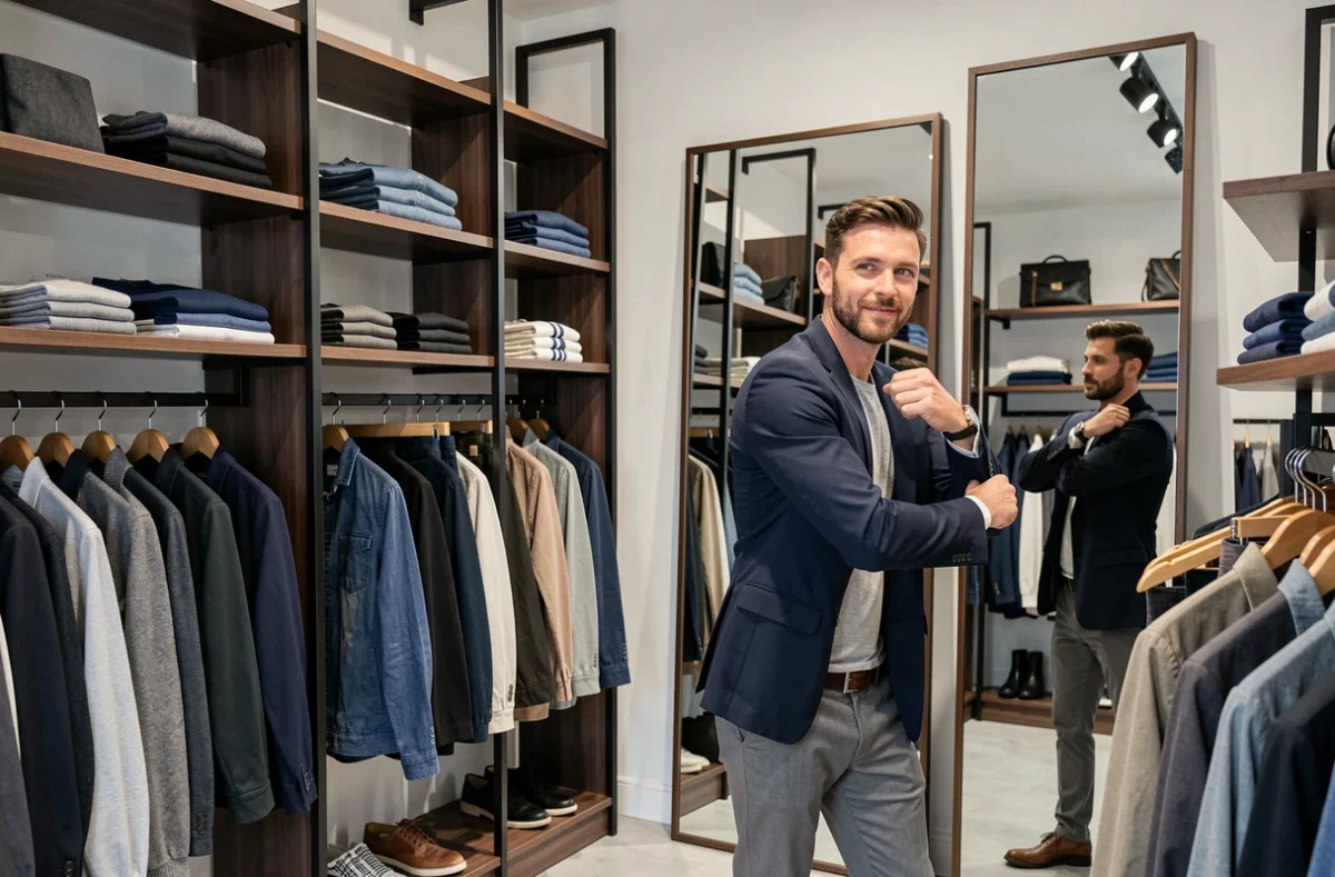 Homme essayant une veste dans la boutique Jules à Bourg-en-Bresse