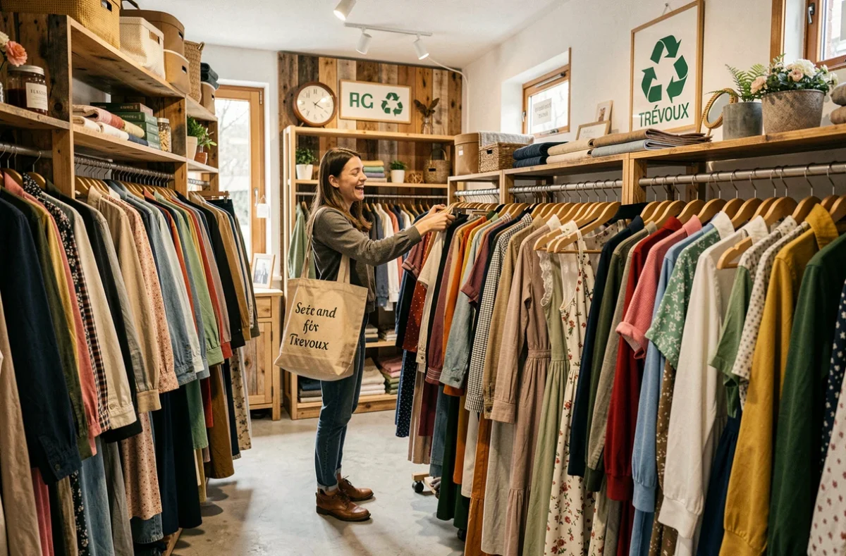 Boutique de seconde main La Recyclerie à Trévoux avec vêtements vintage organisés