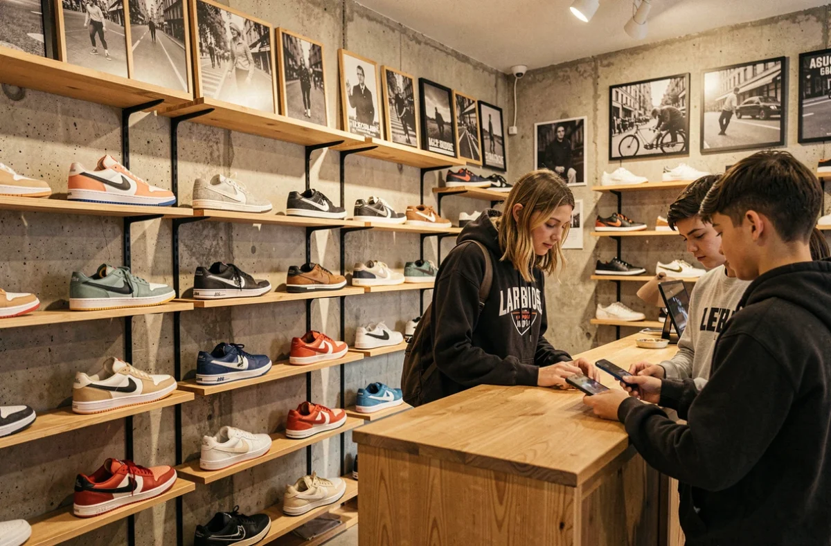 Boutique indépendante Larbiose à Clermont-Ferrand avec une sélection de sneakers urbaines sur des étagères en bois et une vendeuse aidant un client