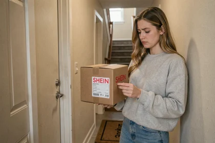 Jeune femme recevant un colis Shein devant sa porte d'appartement le dimanche, lisant une notice de livraison avec une expression perplexe