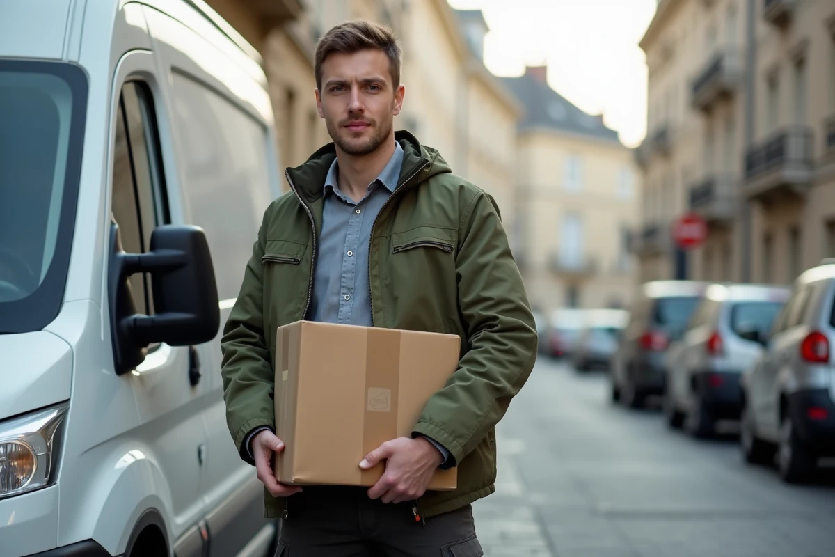 Livreur tenant un colis devant un camion de livraison dans une rue urbaine européenne