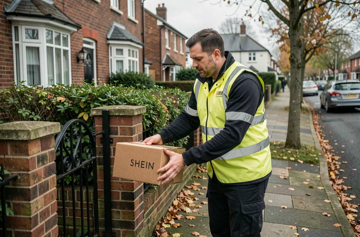 Livreur en uniforme déposant un colis Shein sur le pas de la porte d'une maison de banlieue un dimanche matin