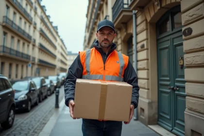 Livreur transporteur en gilet haute visibilité portant un colis devant un immeuble haussmannien à Paris en 2026