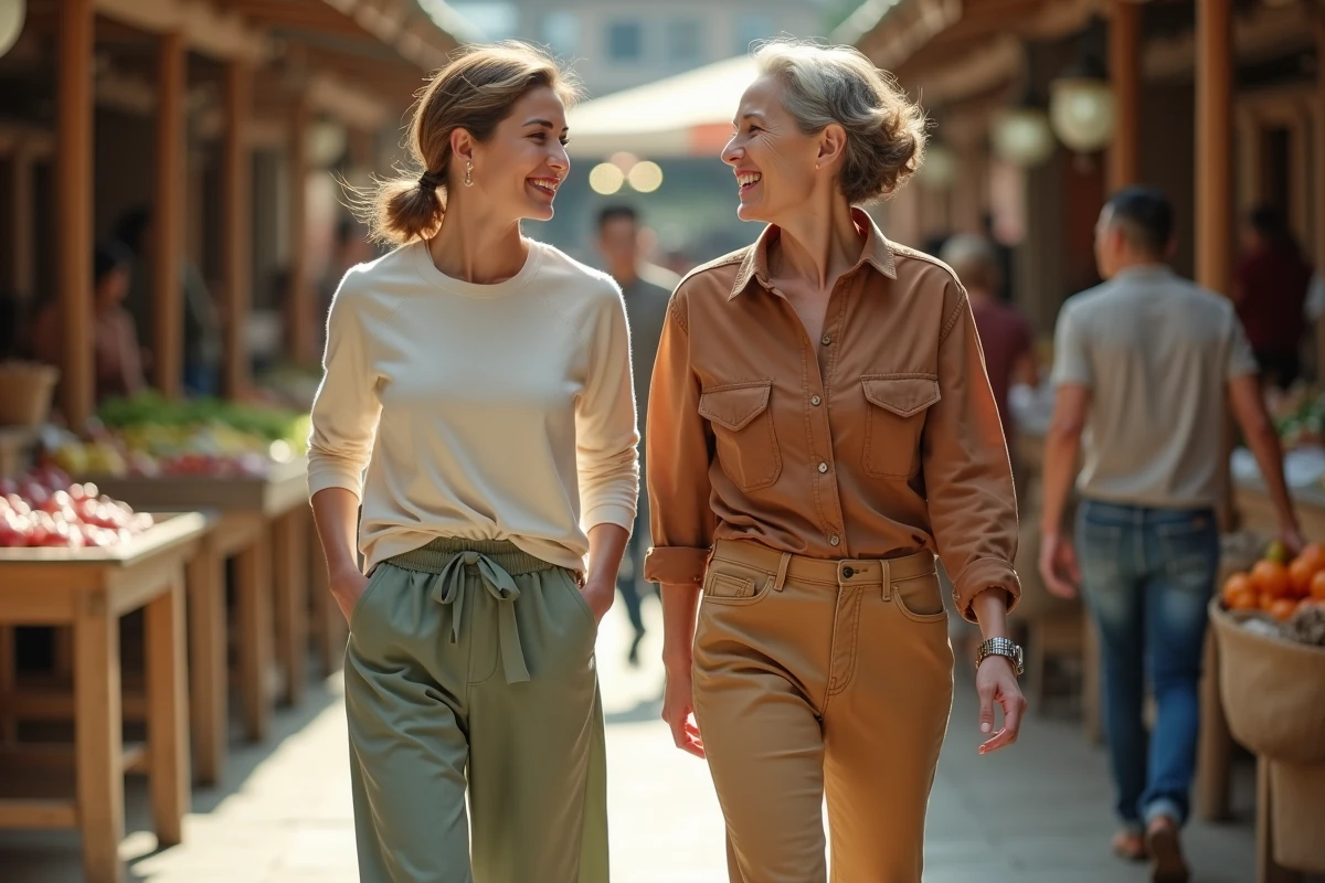 Deux femmes en looks tendance 2026 faciles à porter se promenant dans un marché couvert, tenues décontractées et naturelles