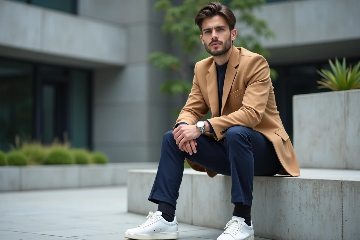 Homme assis en tenue tendance 2026 avec blazer camel oversize et sneakers blanches dans un environnement urbain moderne