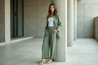 Femme portant un costume vert sauge minimaliste à coupe épurée dans un cadre architectural urbain en béton brut, style mode 2026