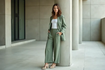 Femme portant un costume vert sauge minimaliste à coupe épurée dans un cadre architectural urbain en béton brut, style mode 2026