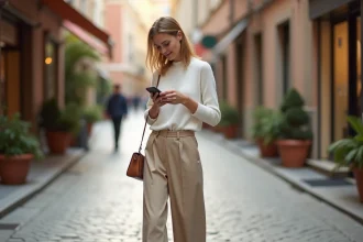 Femme en tenue décontractée tendance 2026 dans une rue pavée européenne, pantalon beige large et top blanc