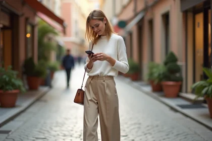 Femme en tenue décontractée tendance 2026 dans une rue pavée européenne, pantalon beige large et top blanc
