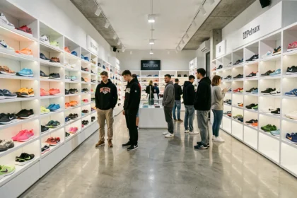 Intérieur d'un magasin de baskets moderne en Auvergne-Rhône-Alpes avec une large sélection de sneakers colorées exposées sur des étagères blanches