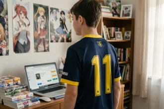 Jeune fan portant un maillot Blue Lock bleu marine numéro 11 devant un bureau avec des mangas et un ordinateur montrant des offres en ligne