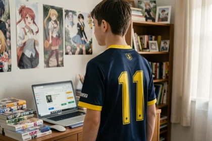 Jeune fan portant un maillot Blue Lock bleu marine numéro 11 devant un bureau avec des mangas et un ordinateur montrant des offres en ligne